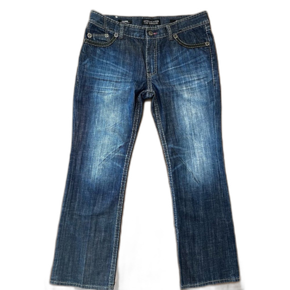 Affliction Cooper Relaxed Boot Jeans Sz 40 Blue Flap Pockets Contrast Stitch Y2K - Picture 2 of 11